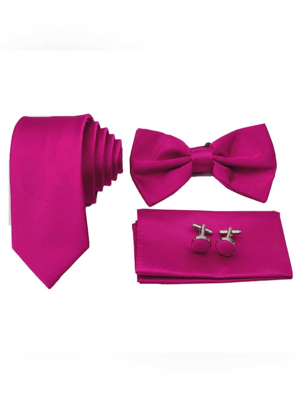 Men's Fuschia Necktie Bow Tie Pocket Square & Cufflink Set Festival Formal Event